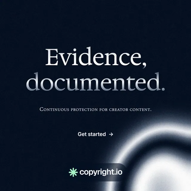 Instagram post for copyright.io: "Evidence, documented." Agentic glass style, smallcaps layout, dark palette in black, grey.