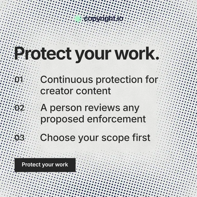 Instagram post for copyright.io: "Protect your work." Swiss style, numbered layout, light palette in white, grey.