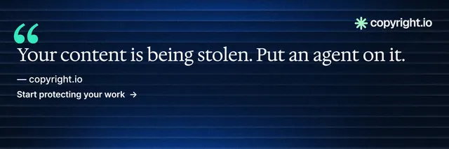 X header for copyright.io: "Your content is being stolen." Minimal luxury style, quote layout, dark palette in black, blue.