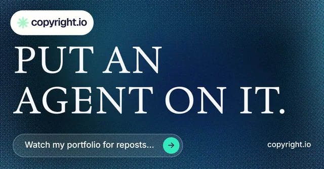 Social ad for copyright.io: "Put an agent on it." Agentic glass style, poster layout, dark palette in blue, grey.
