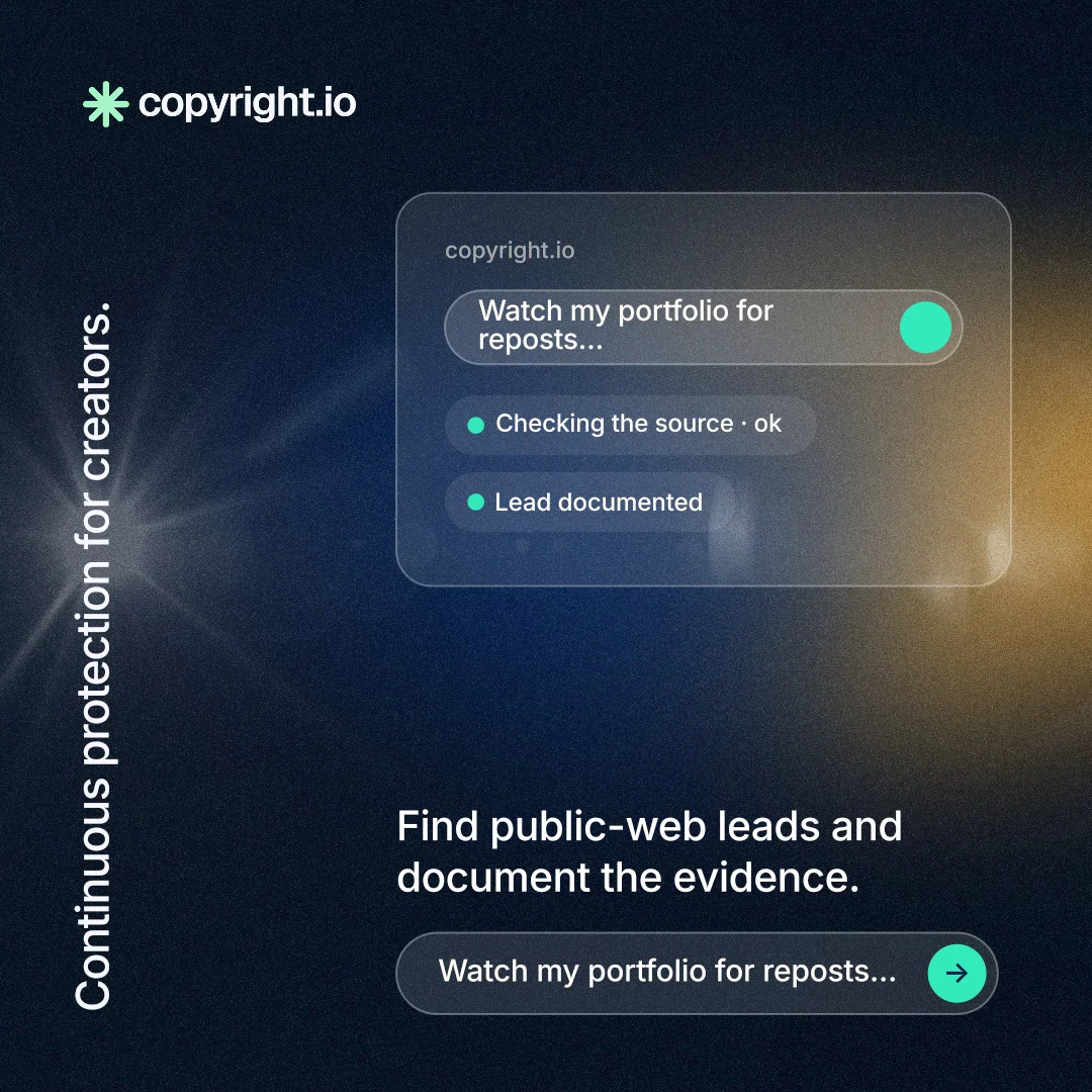 Instagram post for copyright.io: "Continuous protection for creators." Agentic glass style, vertical layout, dark palette in black, blue, grey.