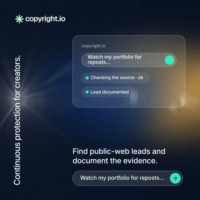 Instagram post for copyright.io: "Continuous protection for creators." Agentic glass style, vertical layout, dark palette in black, blue, grey.