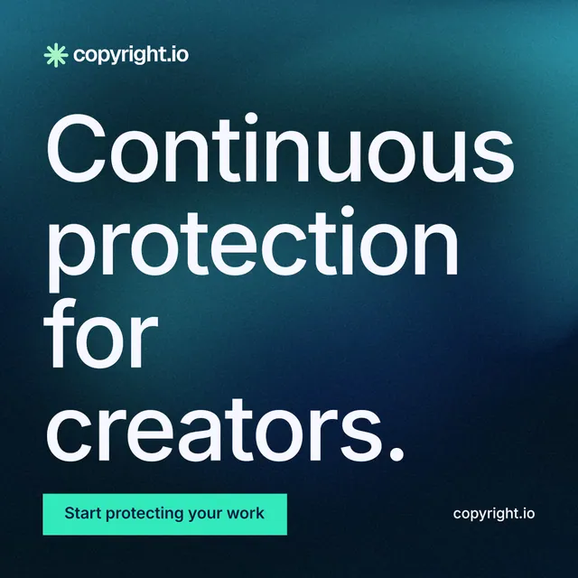 Instagram post for copyright.io: "Continuous protection for creators." Swiss style, poster layout, dark palette in blue, black, teal.