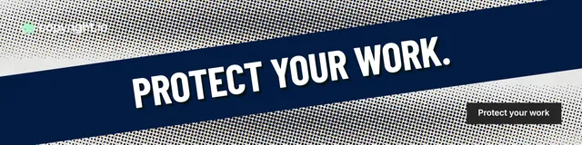 LinkedIn banner for copyright.io: "Protect your work." Retro print style, diagonal layout, dark palette in blue, grey.