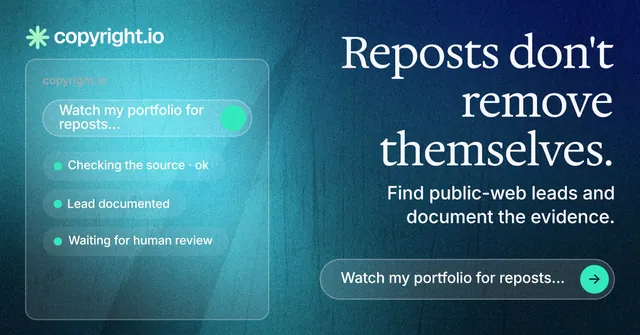 Social ad for copyright.io: "Reposts don't remove themselves." Agentic glass style, right layout, dark palette in blue, teal.
