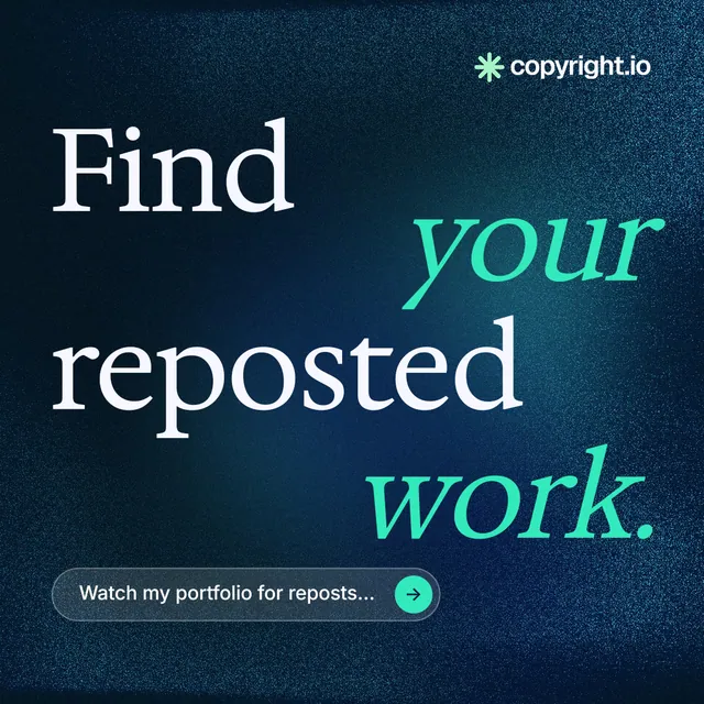 Instagram post for copyright.io: "Find your reposted work." Agentic glass style, stacked layout, dark palette in blue, black, teal.