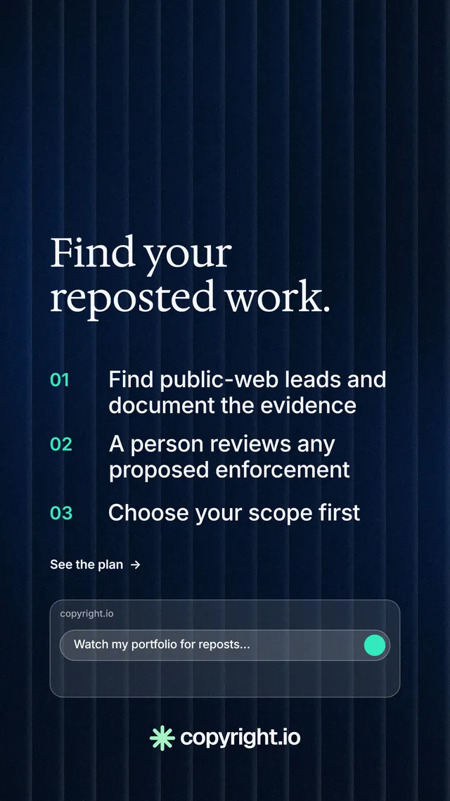 Instagram story for copyright.io: "Find your reposted work." Minimal luxury style, numbered layout, dark palette in black, blue.