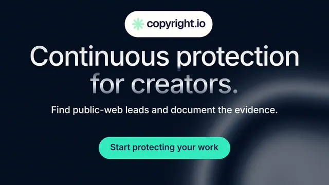 Landscape graphic for copyright.io: "Continuous protection for creators." Y2K style, centred layout, dark palette in black, grey, blue.