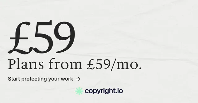 Social ad for copyright.io: "Put an agent on it." Minimal luxury style, stat layout, light palette in white, grey.
