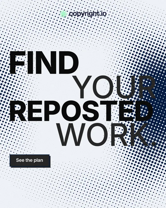Instagram portrait post for copyright.io: "Find your reposted work." Brutalist style, stacked layout, light palette in blue, grey, white.