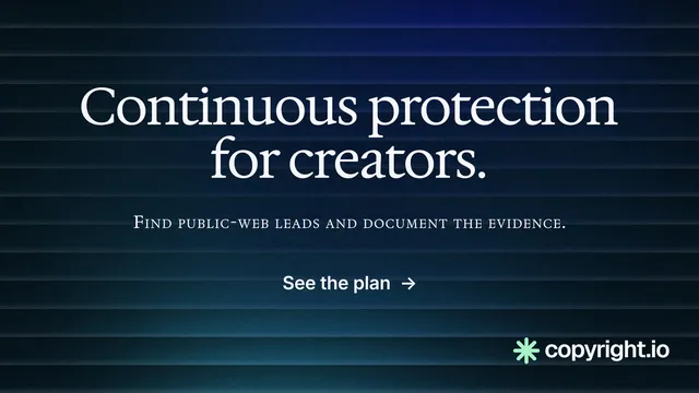 Landscape graphic for copyright.io: "Continuous protection for creators." Agentic glass style, smallcaps layout, dark palette in blue, black.