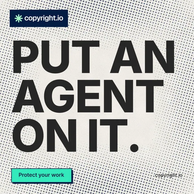 Instagram post for copyright.io: "Put an agent on it." Brutalist style, poster layout, light palette in white, grey.