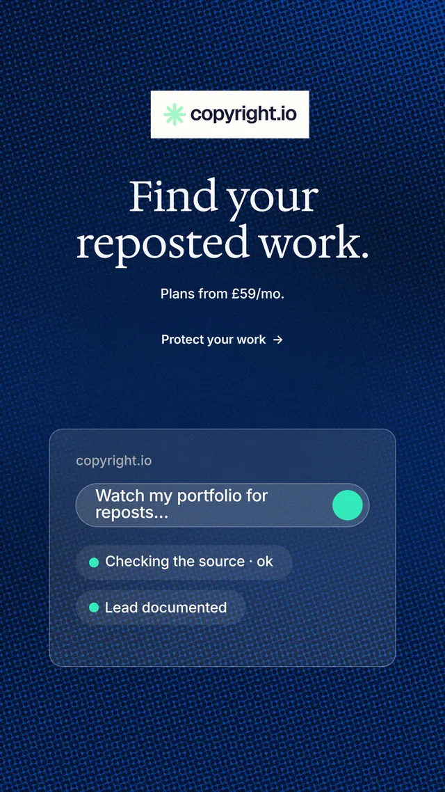 Instagram story for copyright.io: "Find your reposted work." Minimal luxury style, centred layout, dark palette in blue.