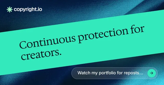 Social ad for copyright.io: "Continuous protection for creators." Agentic glass style, diagonal layout, light palette in teal, blue.