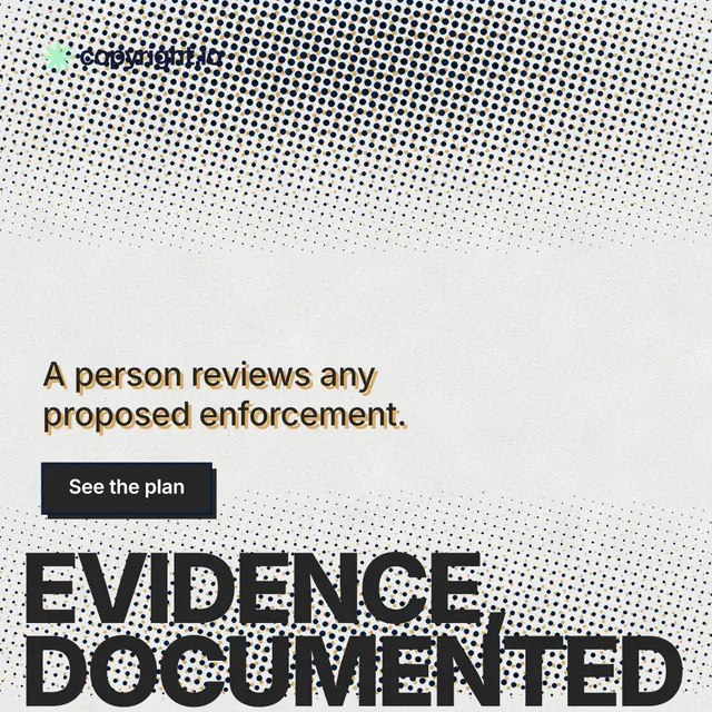 Instagram post for copyright.io: "Evidence, documented." Brutalist style, oversized layout, light palette in grey, white.
