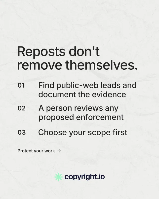 Instagram portrait post for copyright.io: "Reposts don't remove themselves." Minimal luxury style, numbered layout, light palette in white, grey.