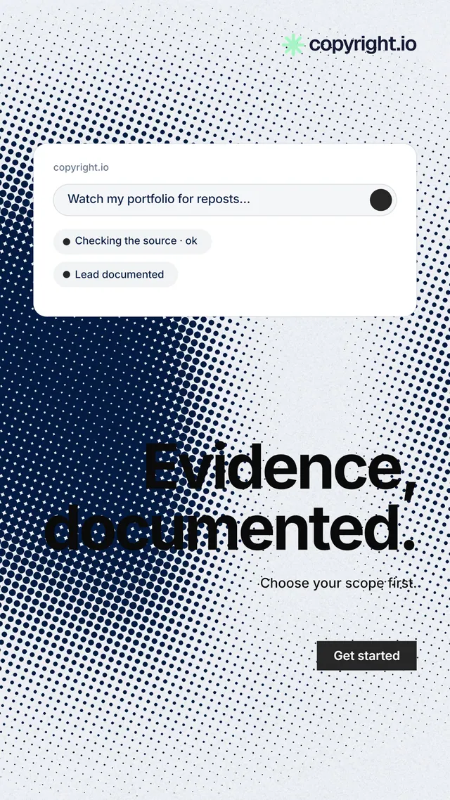 Instagram story for copyright.io: "Evidence, documented." Swiss style, right layout, light palette in blue, grey, white.