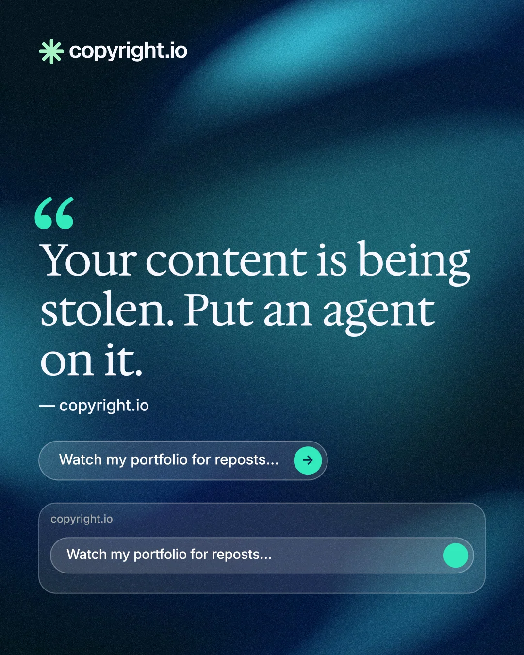 Instagram portrait post for copyright.io: "See the plan first." Agentic glass style, quote layout, dark palette in blue, black.