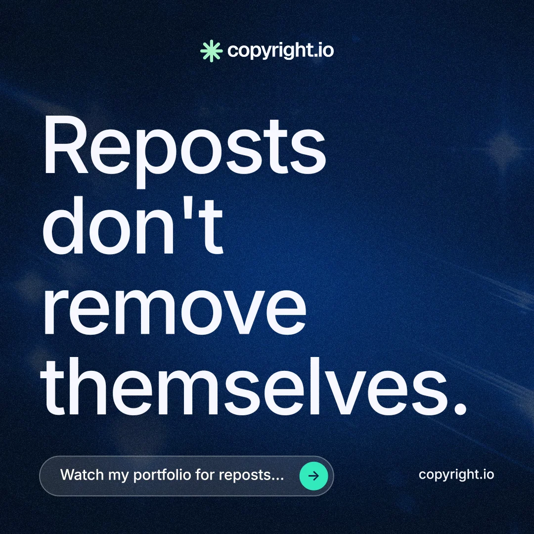 Instagram post for copyright.io: "Reposts don't remove themselves." Agentic glass style, poster layout, dark palette in blue, black, grey.