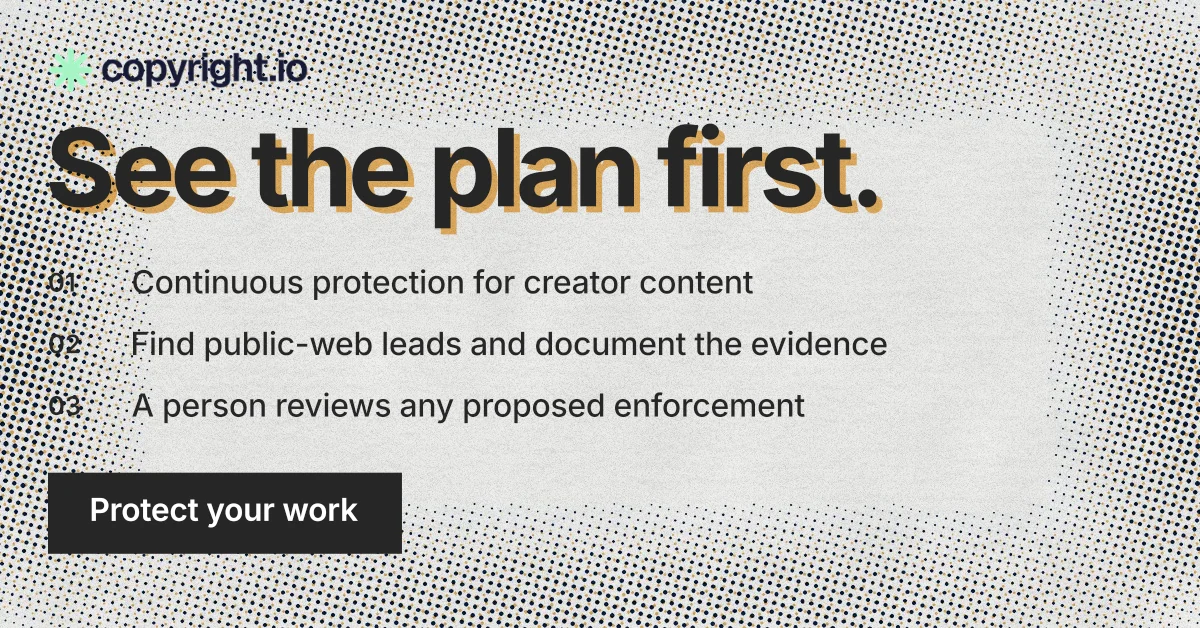 Social ad for copyright.io: "See the plan first." Swiss style, numbered layout, light palette in grey, white.