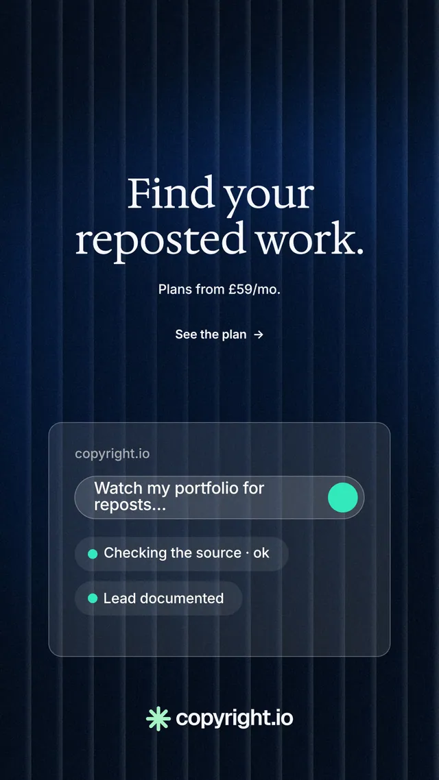 Instagram story for copyright.io: "Find your reposted work." Minimal luxury style, centred layout, dark palette in black, blue.