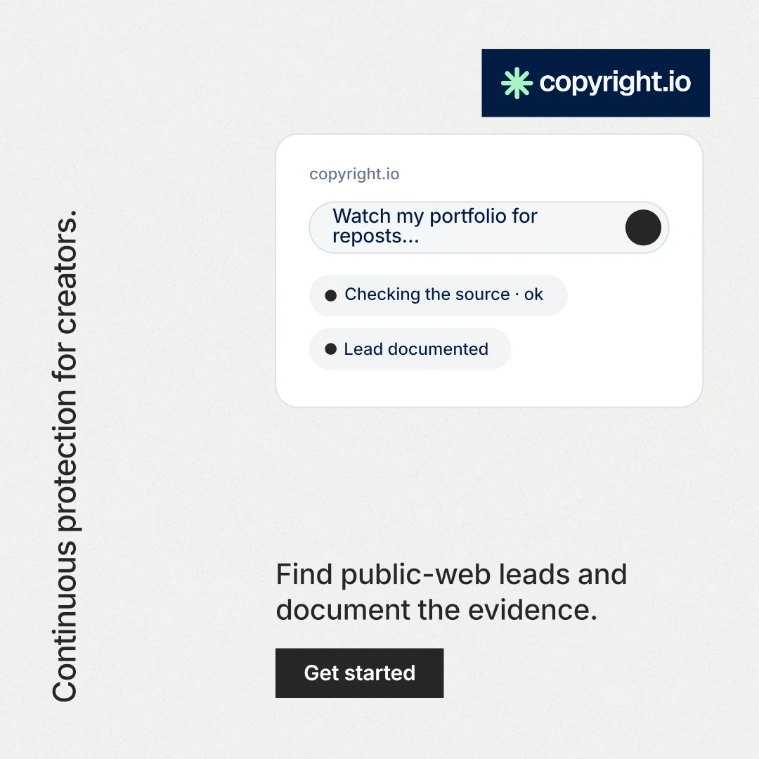 Instagram post for copyright.io: "Continuous protection for creators." Swiss style, vertical layout, light palette in white, grey.