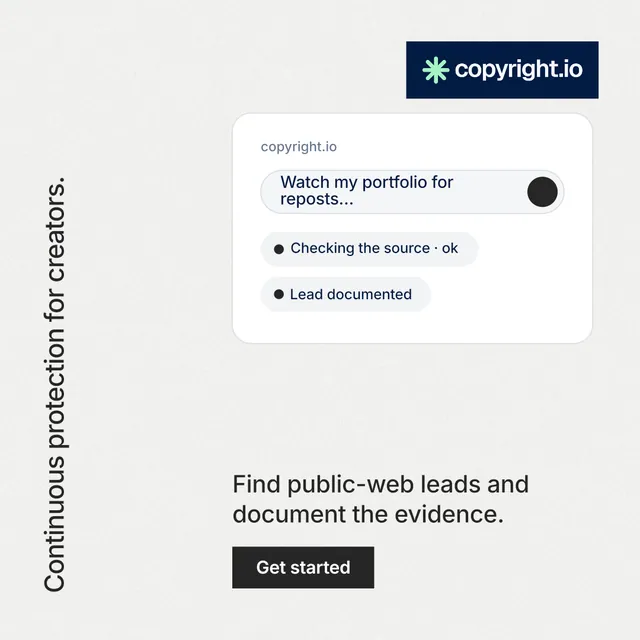 Instagram post for copyright.io: "Continuous protection for creators." Swiss style, vertical layout, light palette in white, grey.