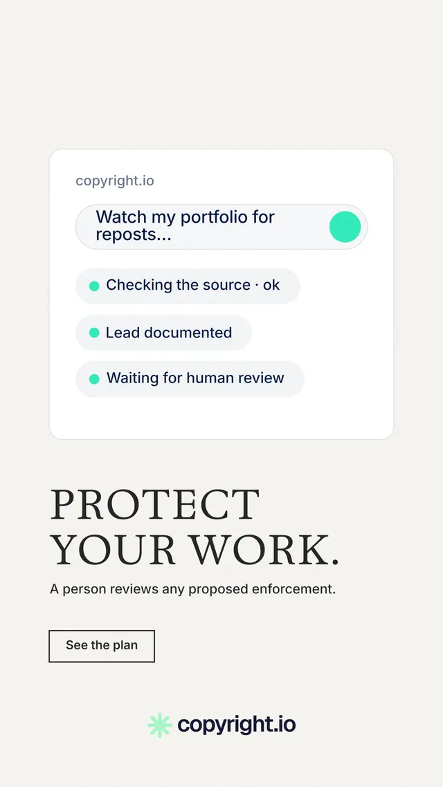 Instagram story for copyright.io: "Protect your work." Editorial style, bottom layout, light palette in white.