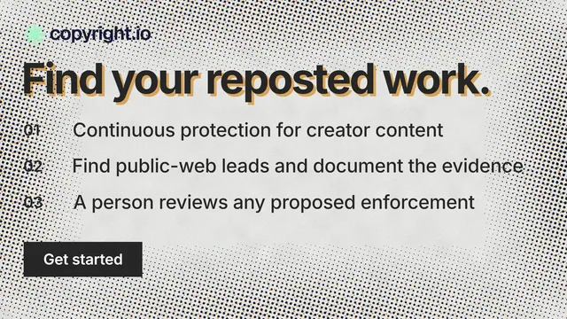 Landscape graphic for copyright.io: "Find your reposted work." Swiss style, numbered layout, light palette in grey, white.