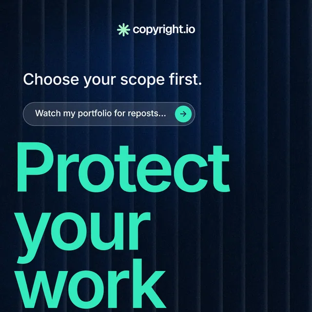Instagram post for copyright.io: "Continuous protection for creators." Agentic glass style, oversized layout, dark palette in black, teal.