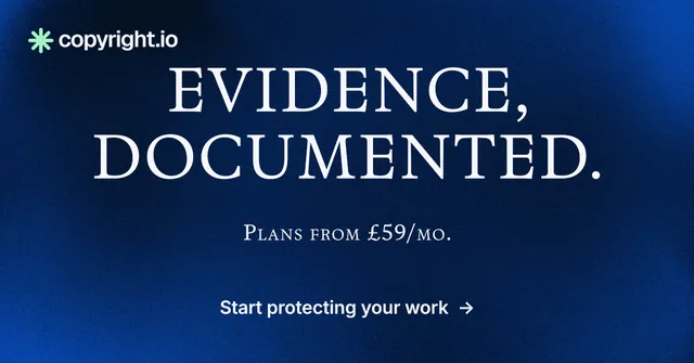 Social ad for copyright.io: "Evidence, documented." Agentic glass style, smallcaps layout, dark palette in blue.