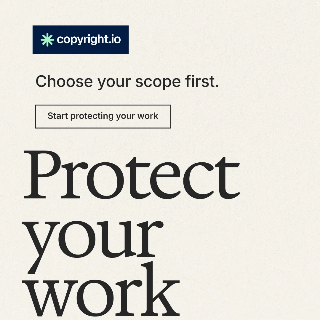 Instagram post for copyright.io: "Continuous protection for creators." Editorial style, oversized layout, light palette in white, grey.
