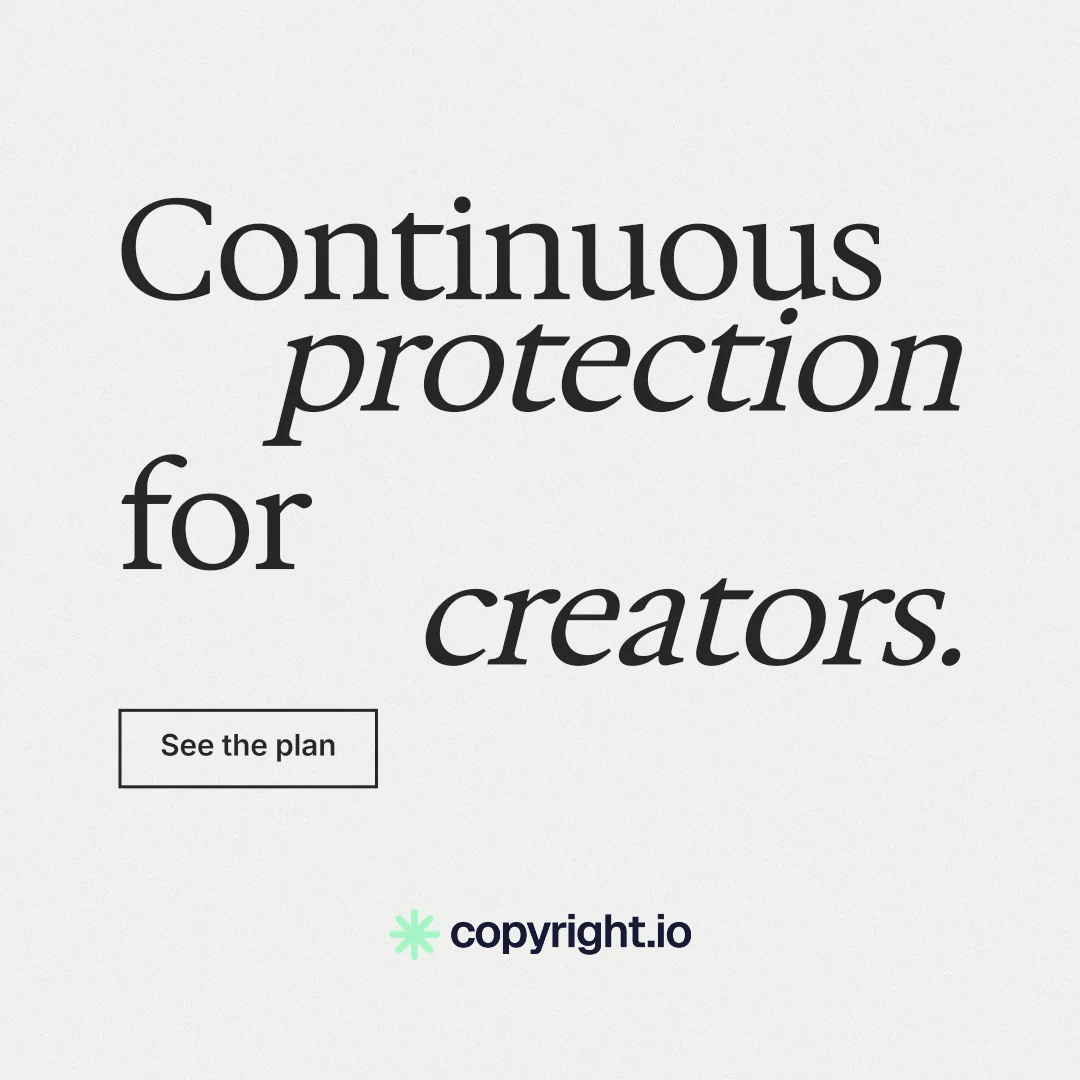 Instagram post for copyright.io: "Continuous protection for creators." Editorial style, stacked layout, light palette in white.