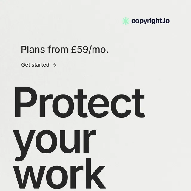 Instagram post for copyright.io: "See the plan first." Minimal luxury style, oversized layout, light palette in white, grey.