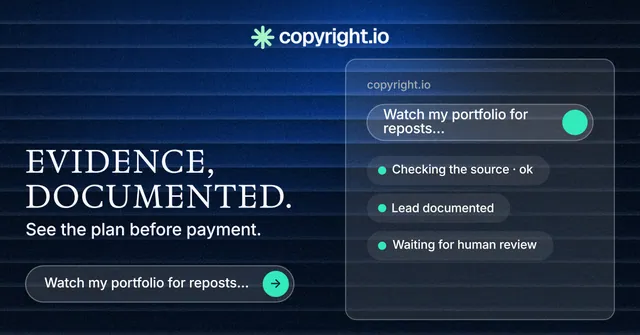 Social ad for copyright.io: "Evidence, documented." Agentic glass style, bottom layout, dark palette in blue, black.