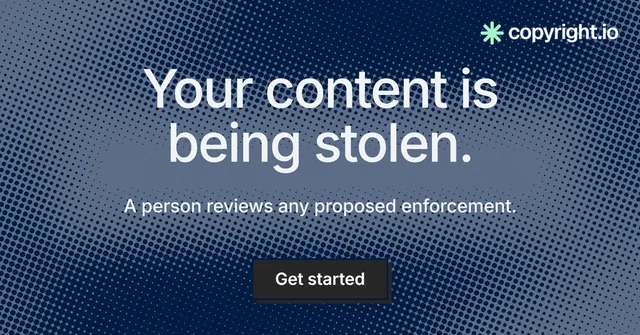Social ad for copyright.io: "Your content is being stolen." Brutalist style, centred layout, dark palette in blue, grey.