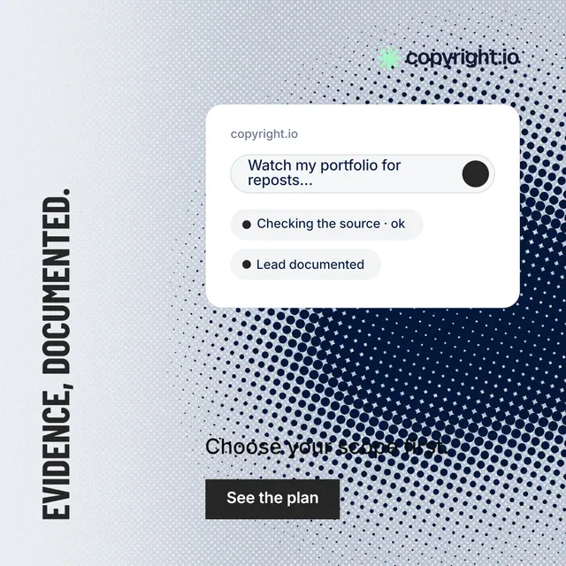 Instagram post for copyright.io: "Evidence, documented." Retro print style, vertical layout, light palette in grey, blue, white.