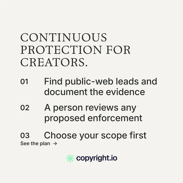 Instagram post for copyright.io: "Continuous protection for creators." Minimal luxury style, numbered layout, light palette in white, grey.