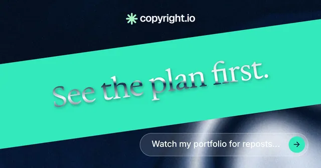 Social ad for copyright.io: "See the plan first." Agentic glass style, diagonal layout, light palette in teal, black, blue.