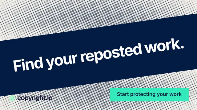 Landscape graphic for copyright.io: "Find your reposted work." Swiss style, diagonal layout, light palette in blue, grey, teal.