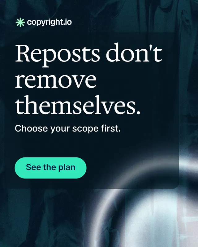 Instagram portrait post for copyright.io: "Reposts don't remove themselves." Agentic glass style, skeleton layout, dark palette in blue, black, grey.