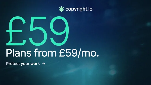 Landscape graphic for copyright.io: "Protect your work." Minimal luxury style, stat layout, dark palette in blue, black, teal.