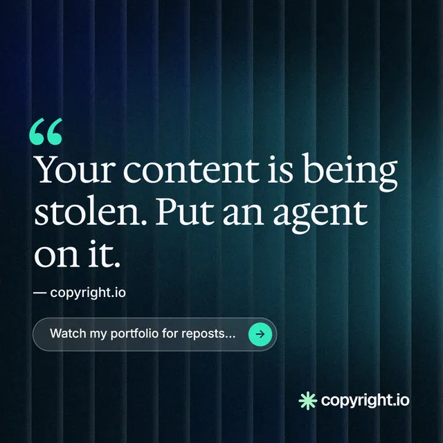 Instagram post for copyright.io: "Reposts don't remove themselves." Agentic glass style, quote layout, dark palette in black, blue, teal.