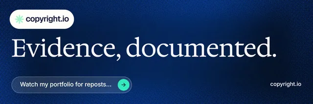 X header for copyright.io: "Evidence, documented." Agentic glass style, poster layout, dark palette in blue, black, grey.