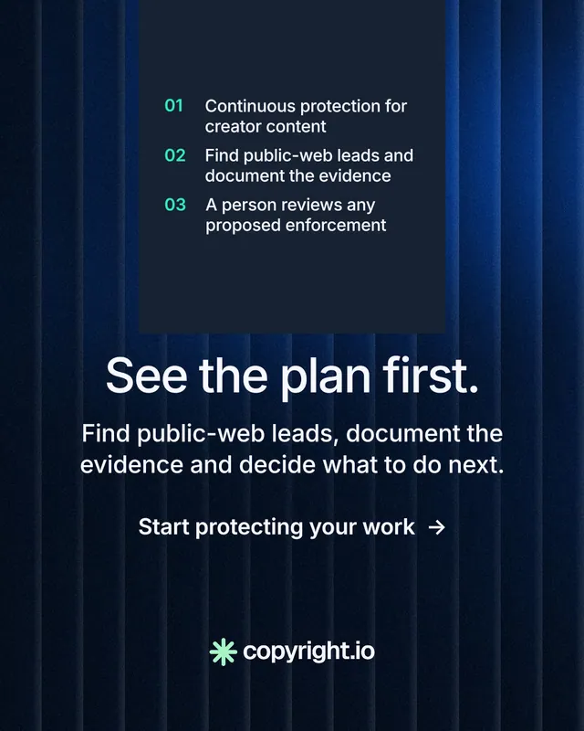 Instagram portrait post for copyright.io: "See the plan first." Minimal luxury style, skeleton layout, dark palette in blue, black, grey.