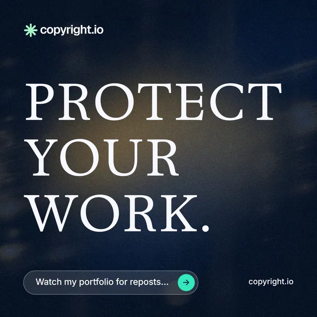 Instagram post for copyright.io: "Protect your work." Agentic glass style, poster layout, dark palette in blue, black, grey.