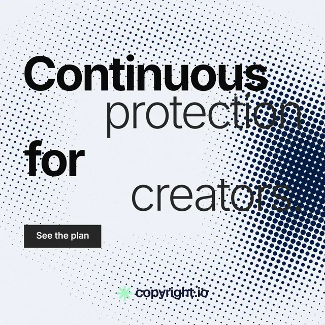 Instagram post for copyright.io: "Continuous protection for creators." Swiss style, stacked layout, light palette in blue, grey, white.