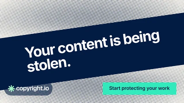 Landscape graphic for copyright.io: "Your content is being stolen." Swiss style, diagonal layout, light palette in blue, grey, teal.