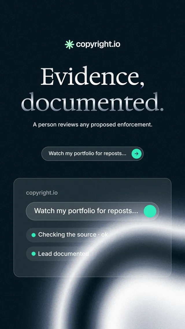 Instagram story for copyright.io: "Evidence, documented." Agentic glass style, centred layout, dark palette in black, blue, grey.