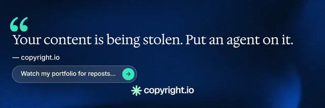 X header for copyright.io: "Put an agent on it." Agentic glass style, quote layout, dark palette in blue, black.